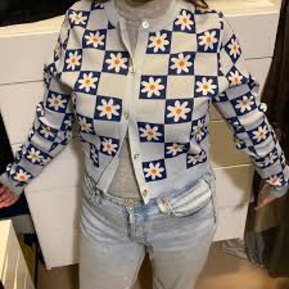 Zara Blue and White Floral Checkered Blazer